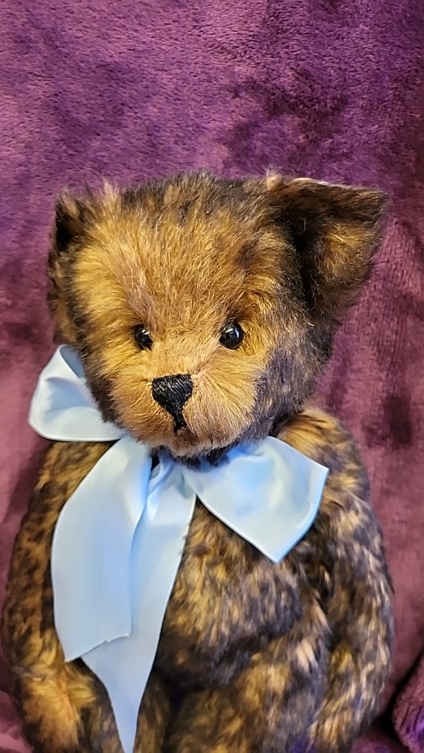 Artist Made Signed Nancy Rygg Original Mottled Brown Teddy Bear With Blue Bow - 2