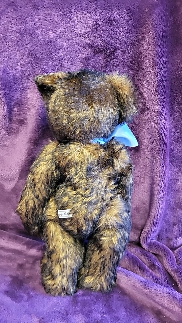 Artist Made Signed Nancy Rygg Original Mottled Brown Teddy Bear With Blue Bow - 3