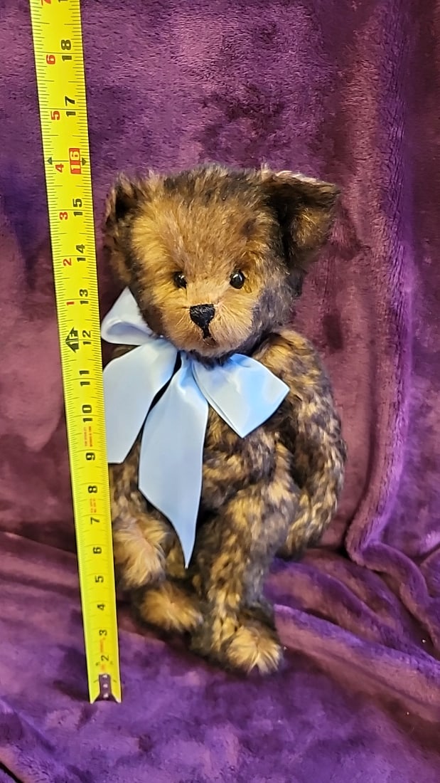 Artist Made Signed Nancy Rygg Original Mottled Brown Teddy Bear With Blue Bow - 6