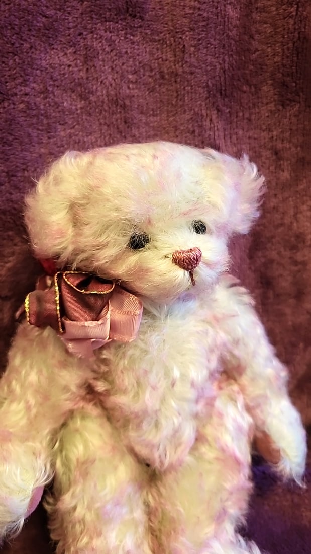 Artist Made Signed Jazzbears Cream Pink Curly Plush Teddy Bear With Satin Ribbon Flower Bow - 2
