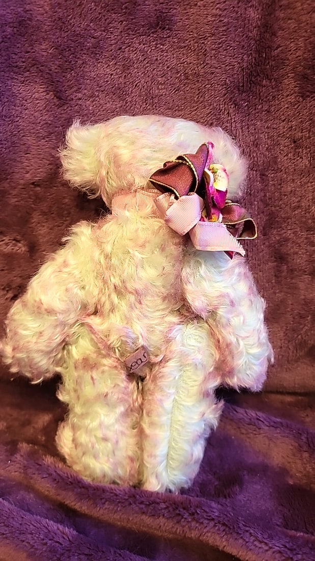 Artist Made Signed Jazzbears Cream Pink Curly Plush Teddy Bear With Satin Ribbon Flower Bow - 3