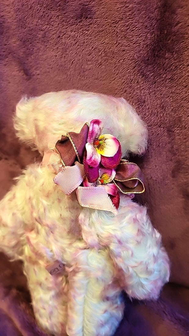 Artist Made Signed Jazzbears Cream Pink Curly Plush Teddy Bear With Satin Ribbon Flower Bow - 4