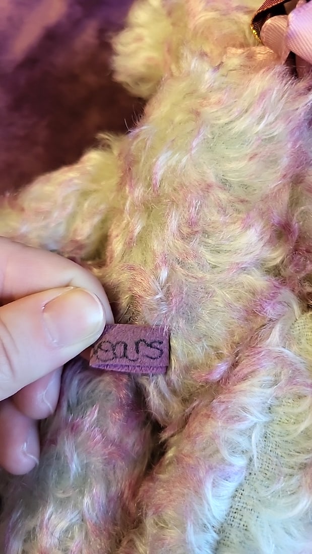 Artist Made Signed Jazzbears Cream Pink Curly Plush Teddy Bear With Satin Ribbon Flower Bow - 6
