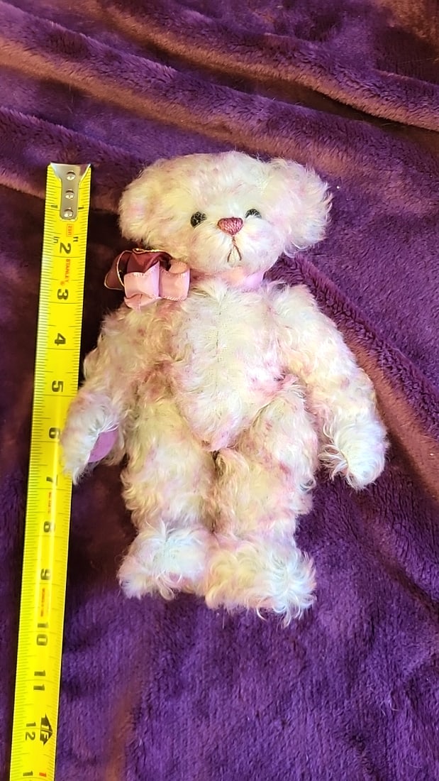 Artist Made Signed Jazzbears Cream Pink Curly Plush Teddy Bear With Satin Ribbon Flower Bow - 7