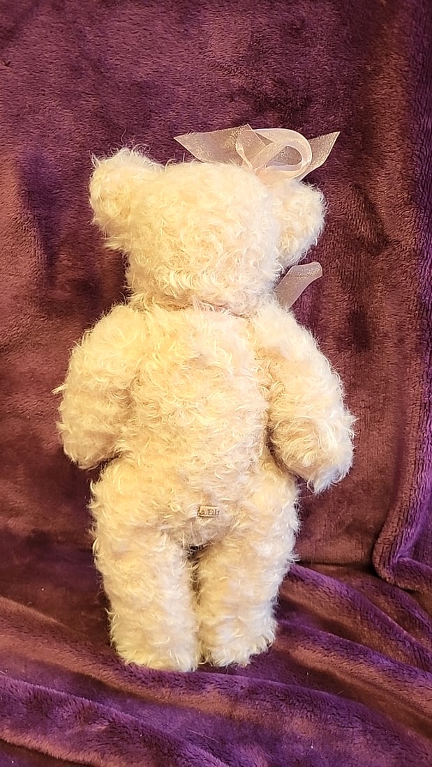 Artist Made Signed Deana Ellis Oz Cream Curly Plush Teddy Bear With Pink Bow And Floral Bouquet - 3