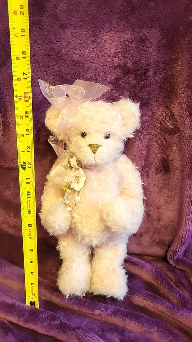 Artist Made Signed Deana Ellis Oz Cream Curly Plush Teddy Bear With Pink Bow And Floral Bouquet - 6