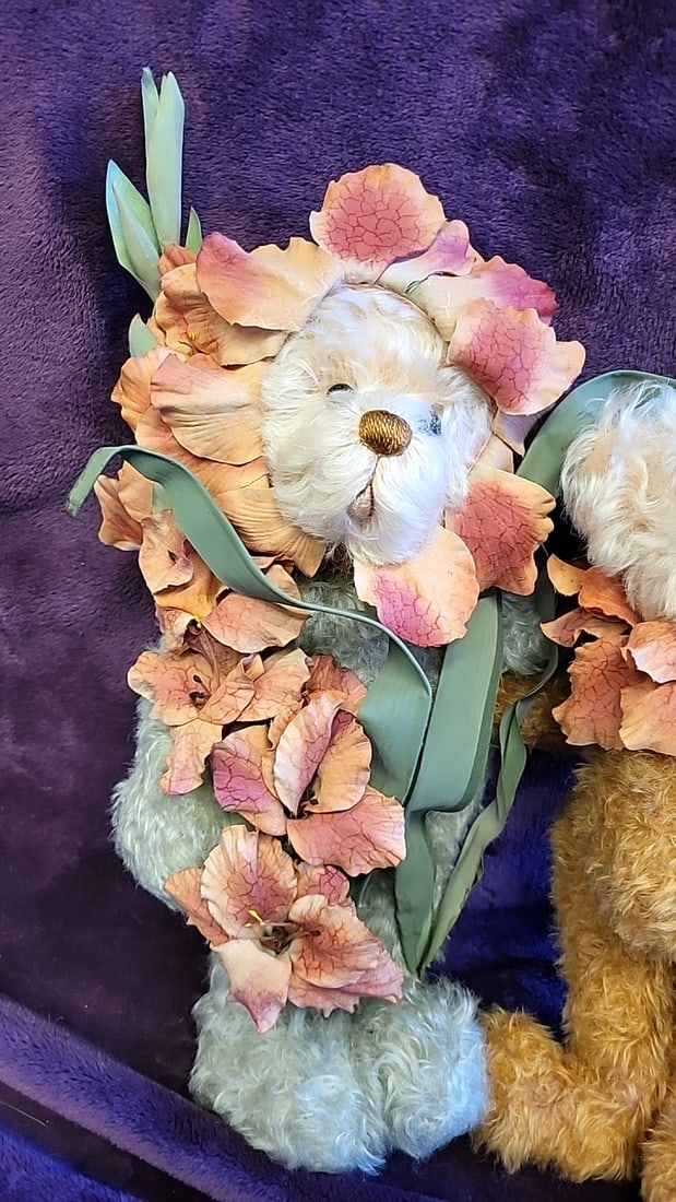 Artist Made Signed Jazzbears By Virginia Jasmer Deana Ellis Oz Teddy Bear Pair With Hydrangea Petal - 2