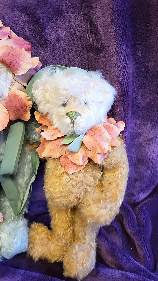 Artist Made Signed Jazzbears By Virginia Jasmer Deana Ellis Oz Teddy Bear Pair With Hydrangea Petal - 3