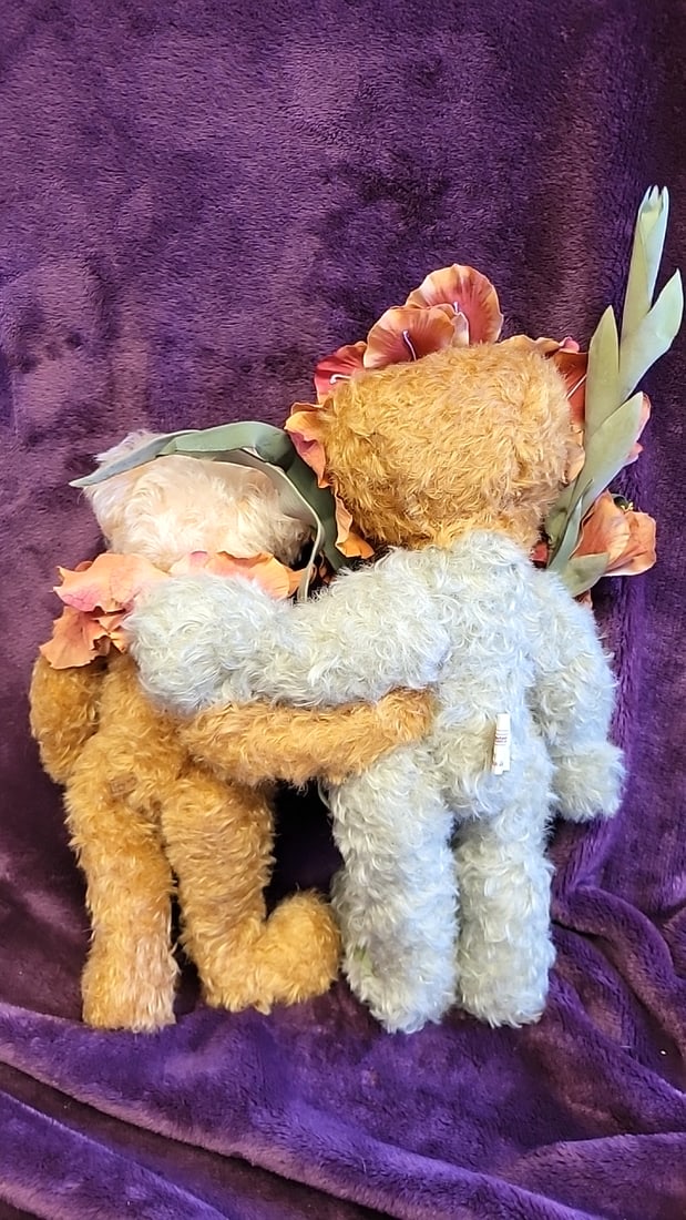 Artist Made Signed Jazzbears By Virginia Jasmer Deana Ellis Oz Teddy Bear Pair With Hydrangea Petal - 4