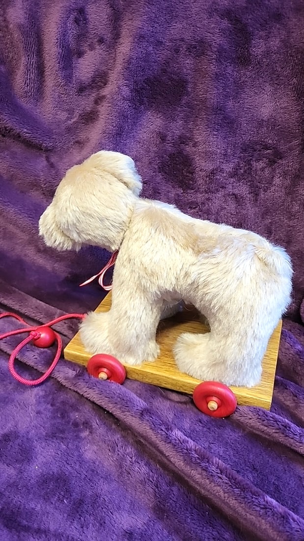 Artist Made Signed Plush Puppy Pull Toy On Wooden Base With Red Wheels - 3