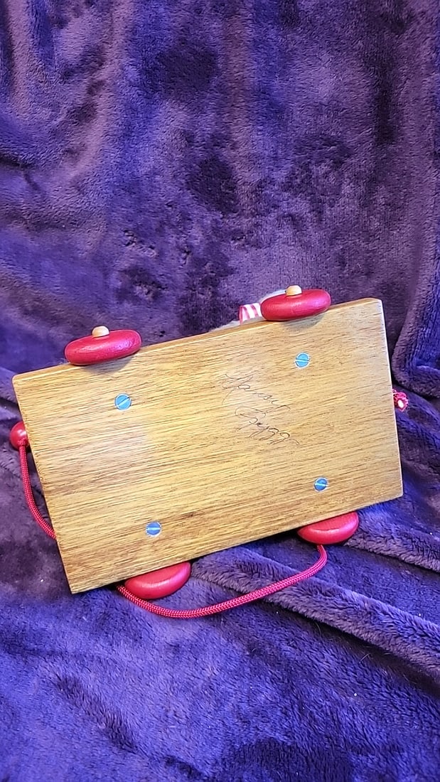 Artist Made Signed Plush Puppy Pull Toy On Wooden Base With Red Wheels - 4