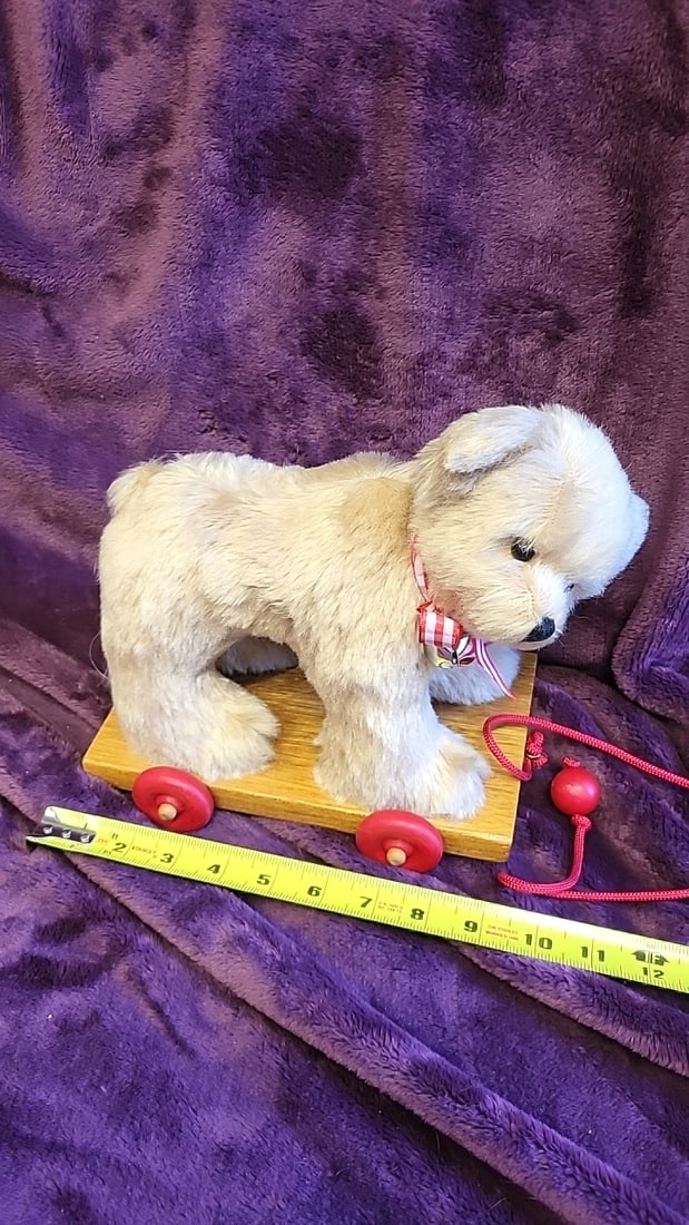 Artist Made Signed Plush Puppy Pull Toy On Wooden Base With Red Wheels - 6