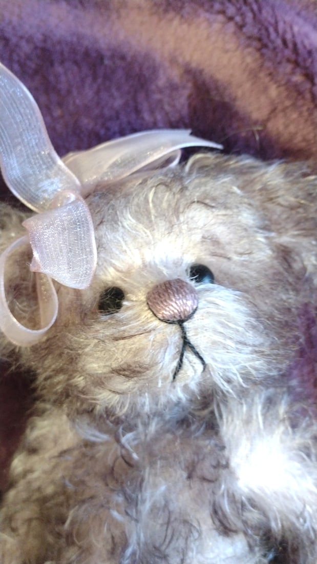 Schulte Mohair Gray Curly Teddy Bear Plush With Pink Organza Bow Hand Made - 2