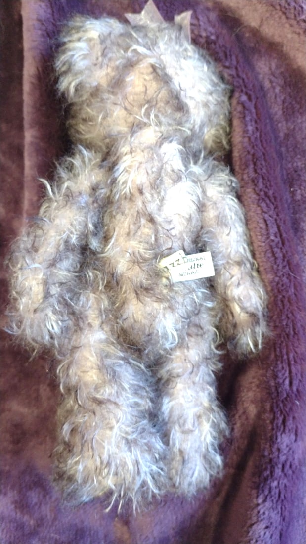 Schulte Mohair Gray Curly Teddy Bear Plush With Pink Organza Bow Hand Made - 3
