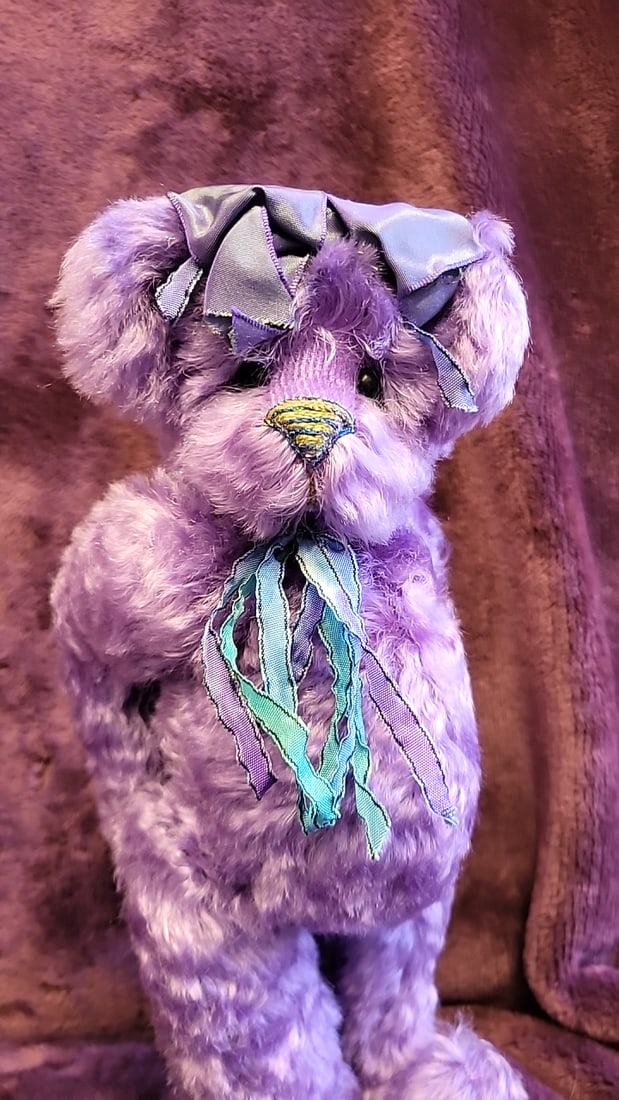 Artist Made Signed Purple Plush Teddy Bear With Ribbon Bow And Wooden Display Stand - 2