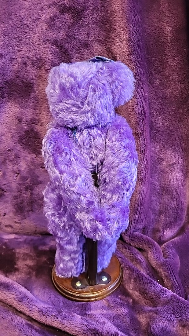 Artist Made Signed Purple Plush Teddy Bear With Ribbon Bow And Wooden Display Stand - 3