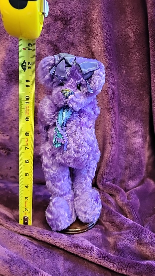 Artist Made Signed Purple Plush Teddy Bear With Ribbon Bow And Wooden Display Stand - 4