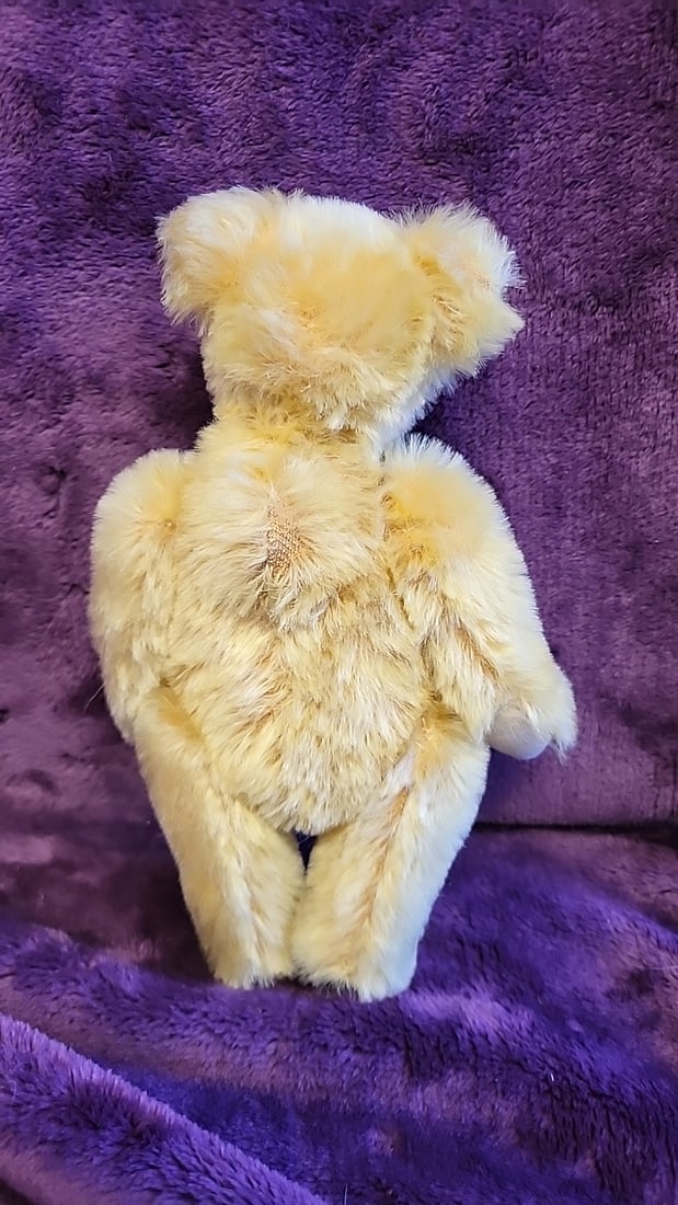 Artist Made Signed Honey Yellow Jointed Teddy Bear With Suede Paw Pads And Gold Beaded Accents - 4
