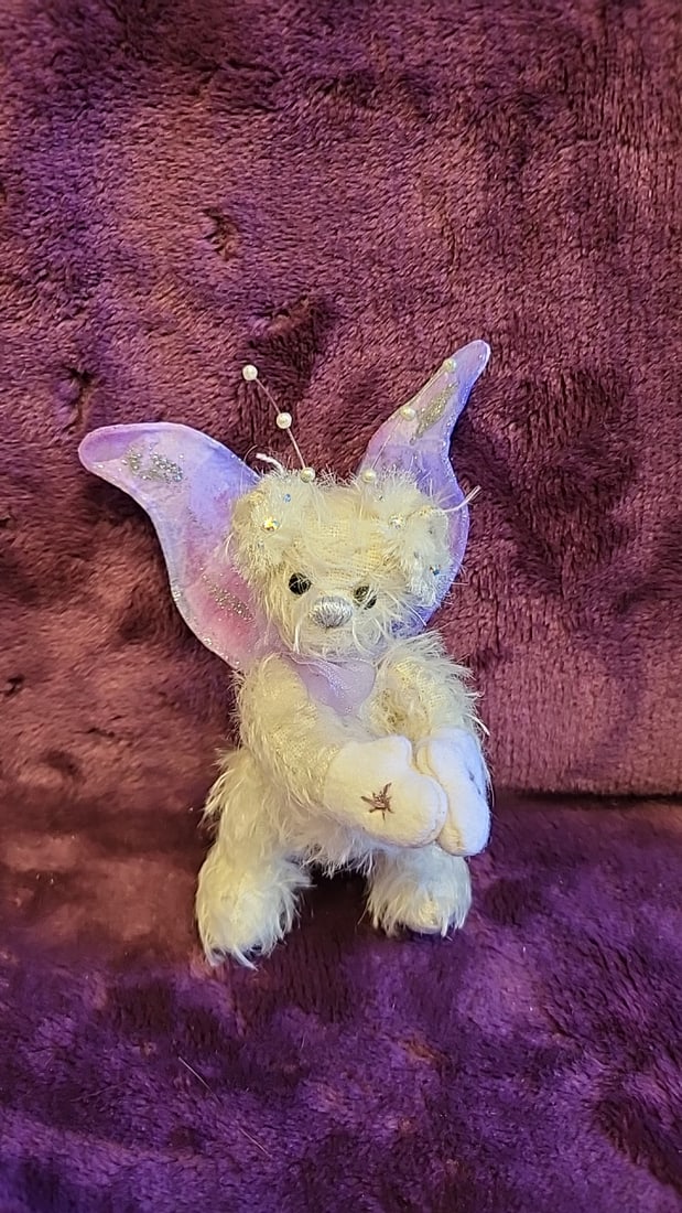Artist Made Signed Mini Plush Animal Lot With Teddy Bears, Fairy Wings, Pig And Cat, Yellow Pink ... - 2