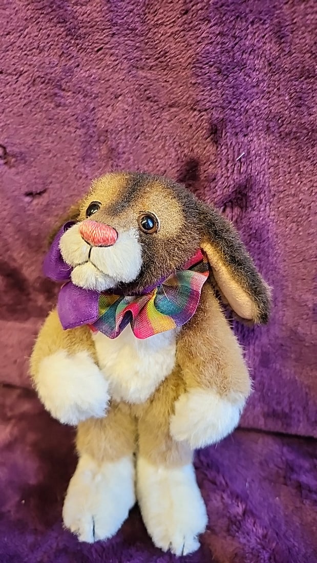 Artist Made Unsigned Brown And White Plush Bunny Rabbit Stuffed Animal With Purple Multicolor Bow - 2