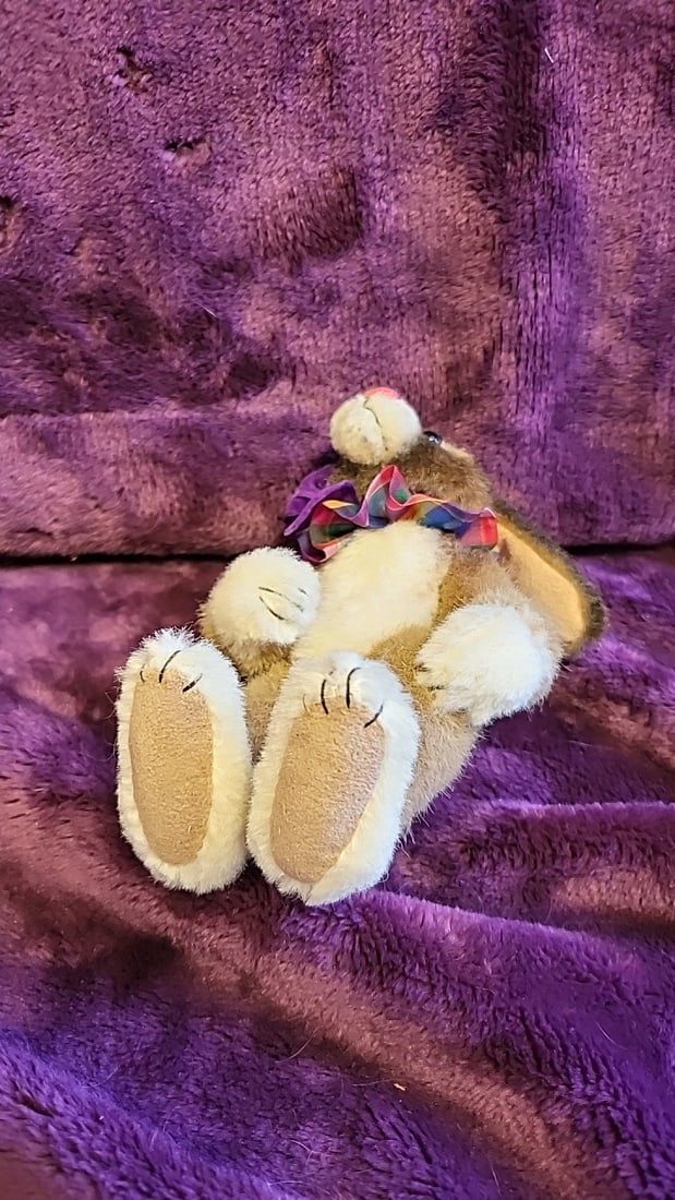Artist Made Unsigned Brown And White Plush Bunny Rabbit Stuffed Animal With Purple Multicolor Bow - 3