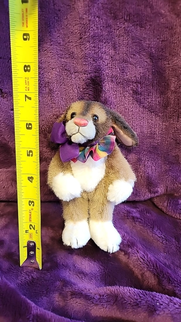 Artist Made Unsigned Brown And White Plush Bunny Rabbit Stuffed Animal With Purple Multicolor Bow - 4