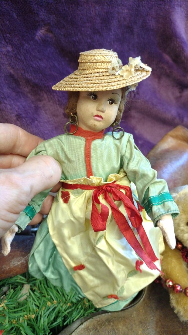 Brown Leather Satchel With Straw Hat Doll, Teddy, Bells Greenery Decor - 2