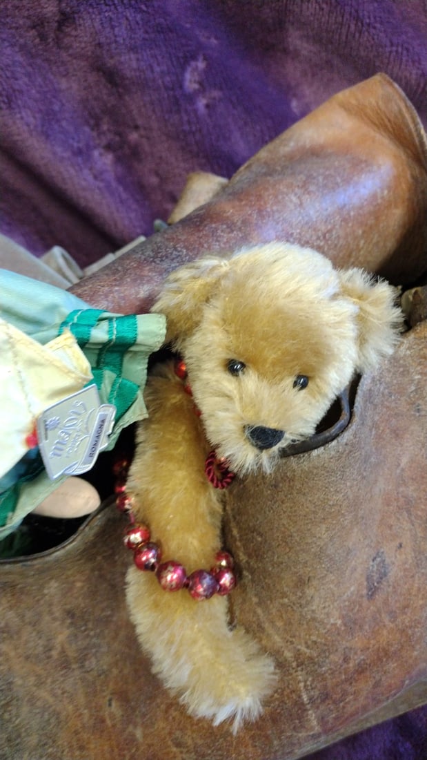 Brown Leather Satchel With Straw Hat Doll, Teddy, Bells Greenery Decor - 3
