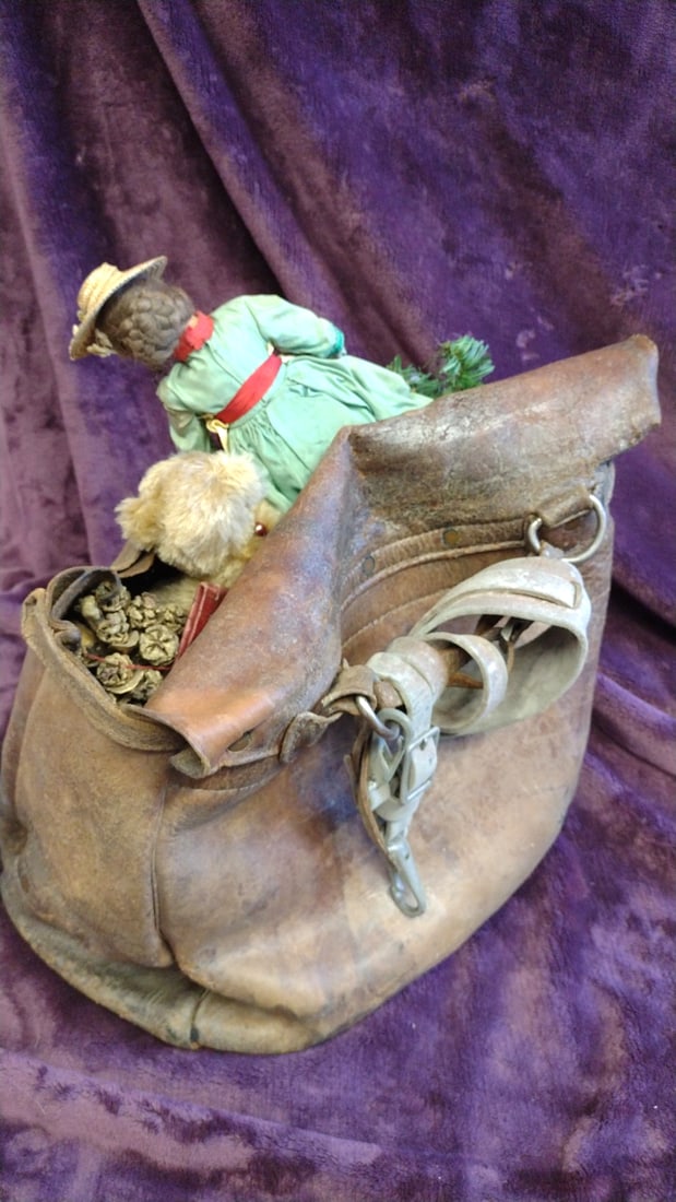 Brown Leather Satchel With Straw Hat Doll, Teddy, Bells Greenery Decor - 5