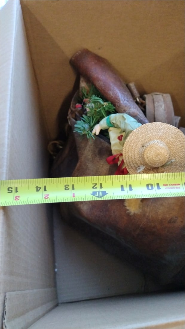 Brown Leather Satchel With Straw Hat Doll, Teddy, Bells Greenery Decor - 6