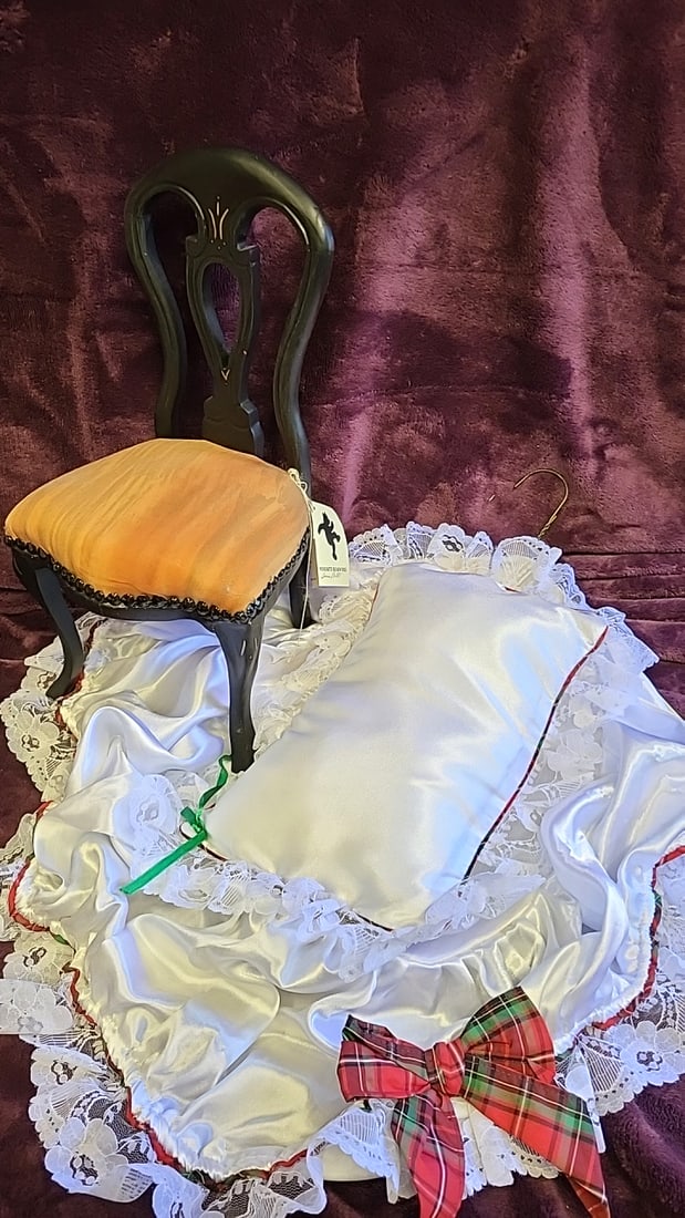 Miniature Black Doll Chair W/ Peach Cushion & White Satin Lace Dress Plaid Bow: 17x15x12 3lb we have gained a lot of experience shipping dolls from our previous auction. We offer in-house shipping. The shipping price shown in the listing is the liveshipping service by