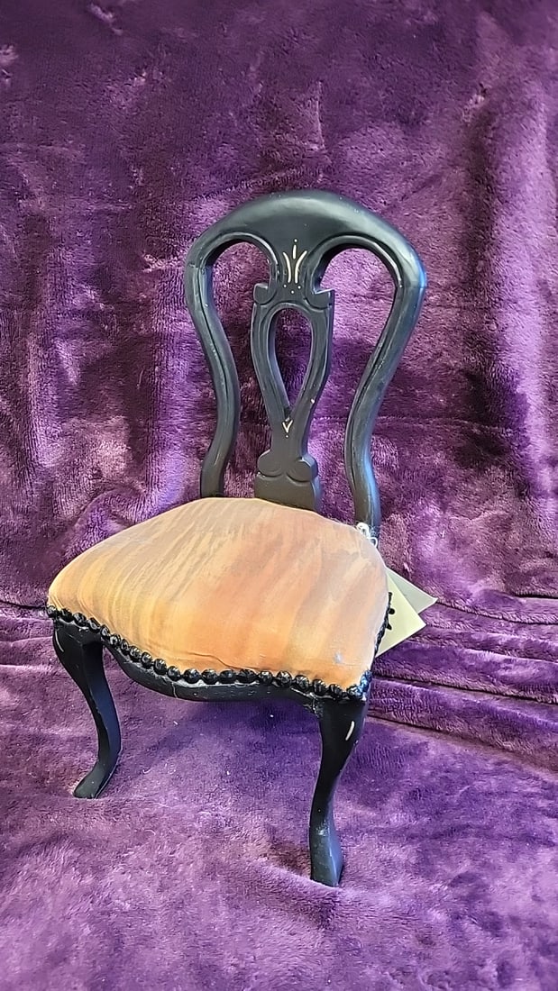 Miniature Black Doll Chair W/ Peach Cushion & White Satin Lace Dress Plaid Bow - 4