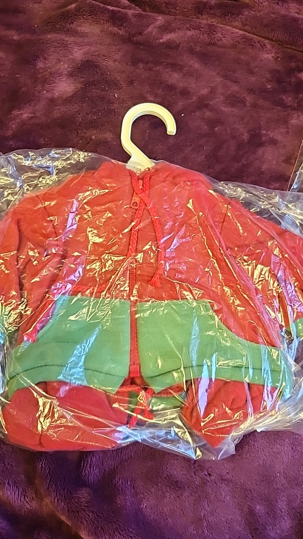 Annette Himstedt Doll Clothes Outfit Lot With Hangers, Green Plaid Dress, Apron, Red Hoodie, Lime... - 4