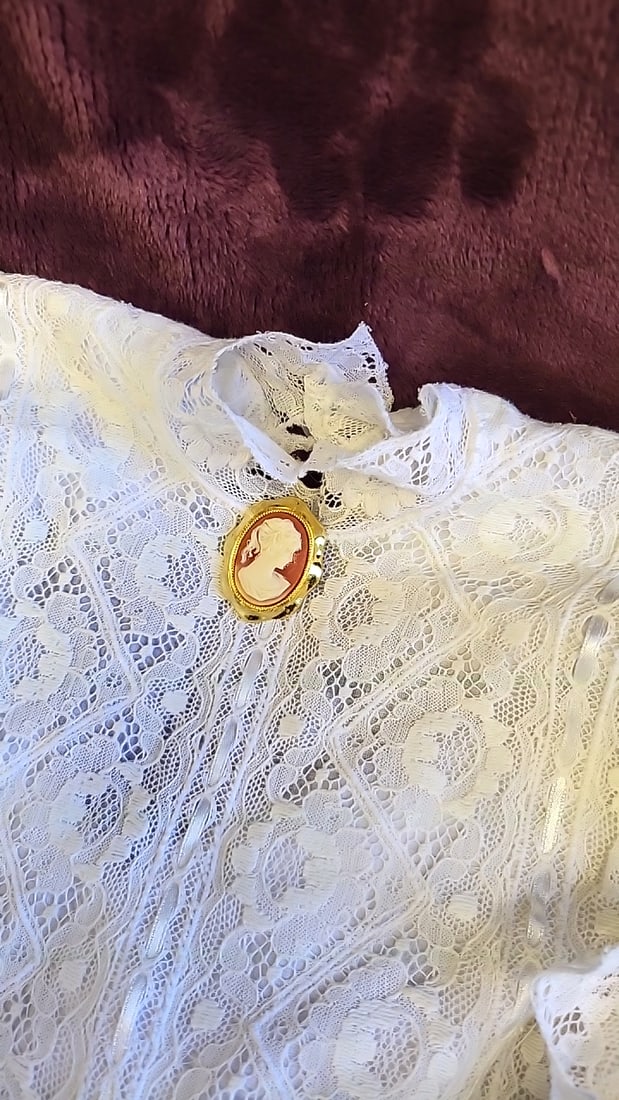 Victorian-style Doll Clothing Lot: White Lace Dress, Floral Pinafore, Parasol, Cameo - 3