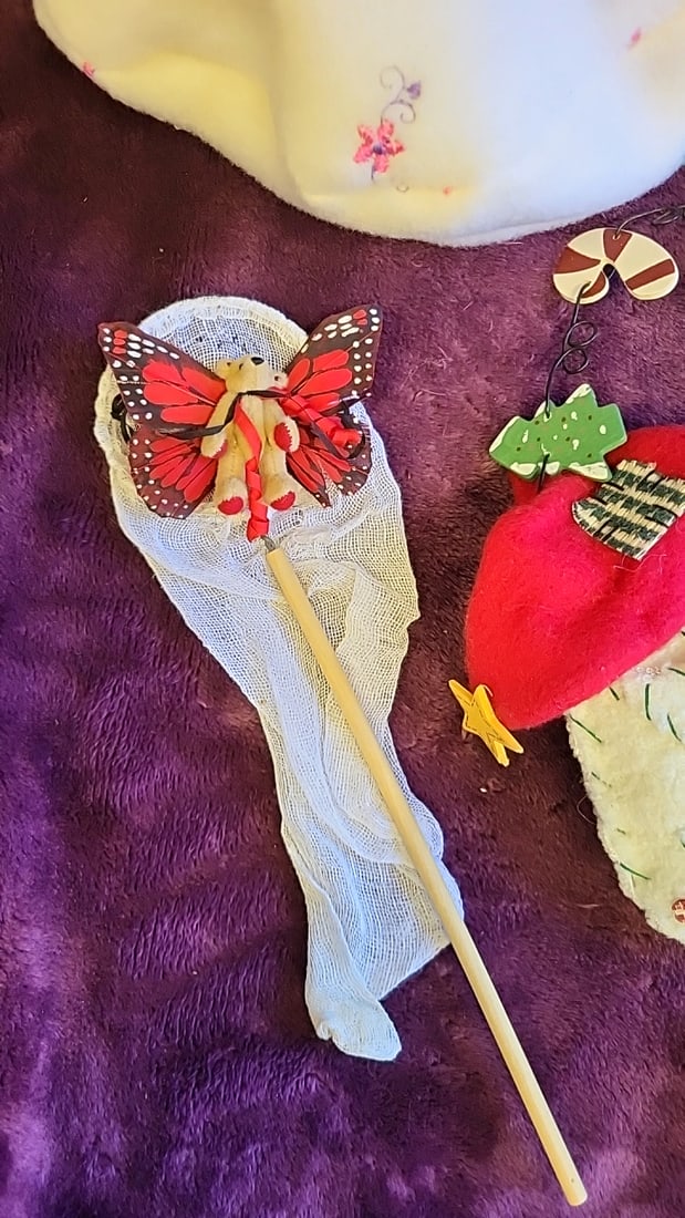 Assorted Doll Accessories Lot: Hats, Floral Headbands, Santa Face, Butterfly Wand, Mini Basket - 2
