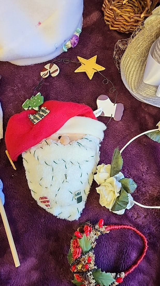 Assorted Doll Accessories Lot: Hats, Floral Headbands, Santa Face, Butterfly Wand, Mini Basket - 3