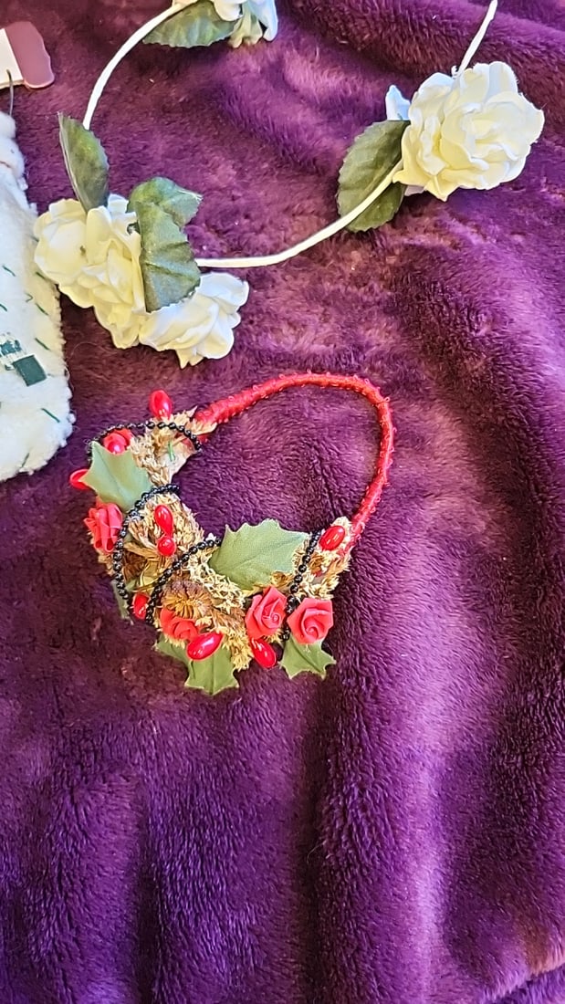 Assorted Doll Accessories Lot: Hats, Floral Headbands, Santa Face, Butterfly Wand, Mini Basket - 4