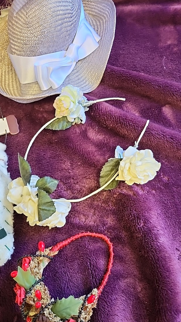 Assorted Doll Accessories Lot: Hats, Floral Headbands, Santa Face, Butterfly Wand, Mini Basket - 5