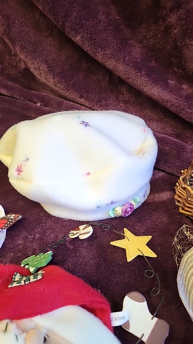 Assorted Doll Accessories Lot: Hats, Floral Headbands, Santa Face, Butterfly Wand, Mini Basket - 7