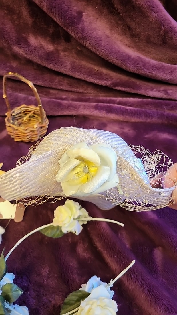 Assorted Doll Accessories Lot: Hats, Floral Headbands, Santa Face, Butterfly Wand, Mini Basket - 9