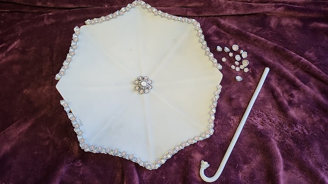 Handmade Floral Decorative Porcelain Parasol Umbrella, Baby Blue With Pink Rose Trim And Curved H... (1 of 8)