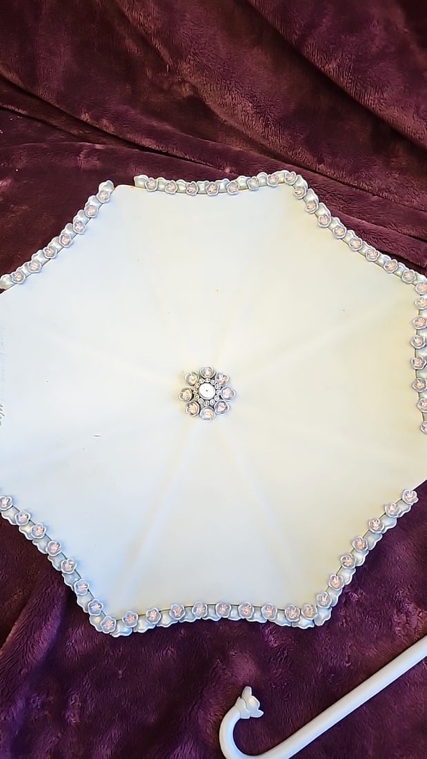 Handmade Floral Decorative Porcelain Parasol Umbrella, Baby Blue With Pink Rose Trim And Curved H... - 3