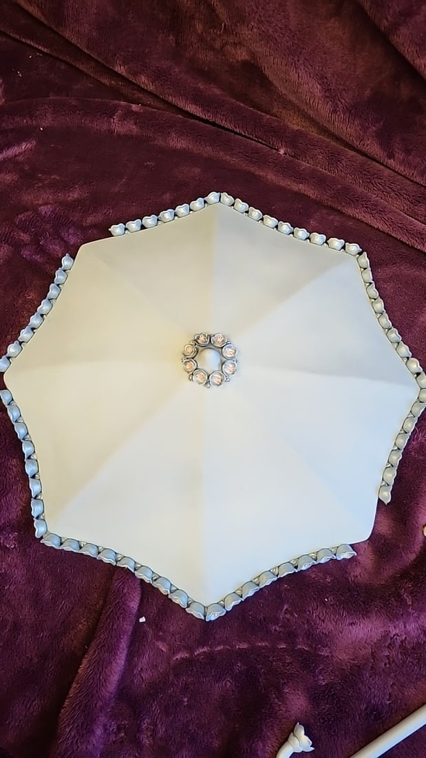 Handmade Floral Decorative Porcelain Parasol Umbrella, Baby Blue With Pink Rose Trim And Curved H... - 6