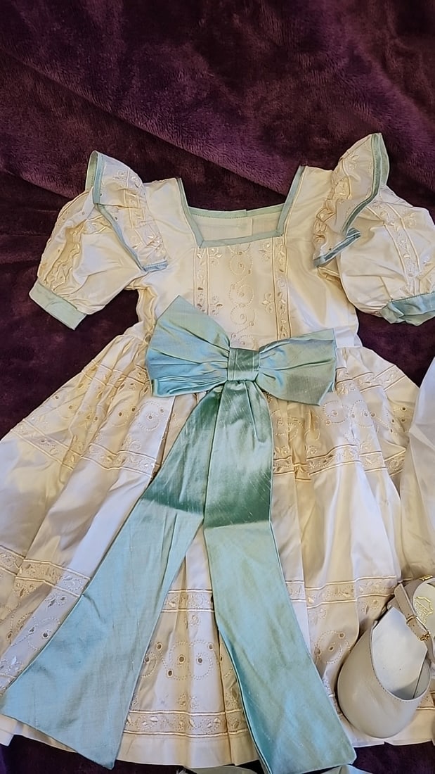 Gunzel Girls Ivory Mint Embroidered Dress Set With Bloomers, Tights Leather Mary Janes - 2