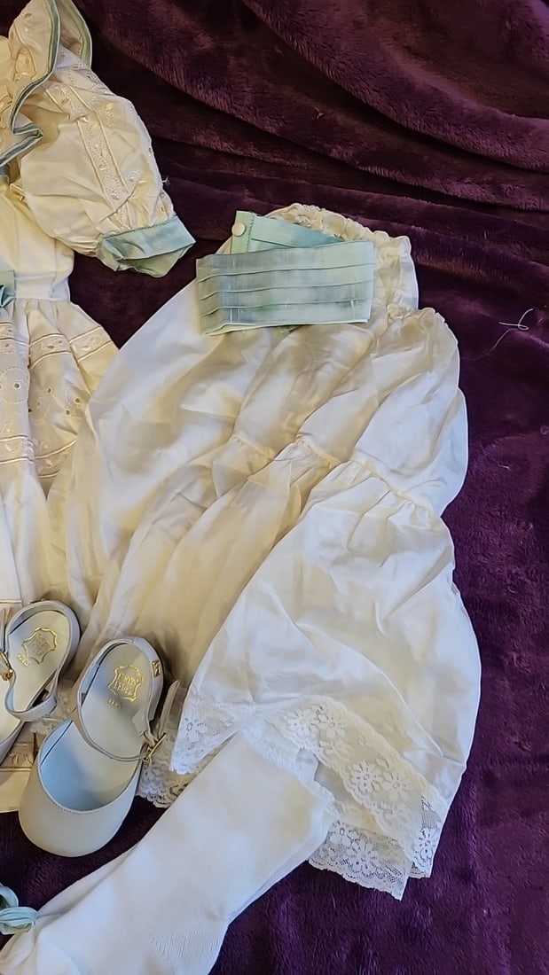 Gunzel Girls Ivory Mint Embroidered Dress Set With Bloomers, Tights Leather Mary Janes - 3