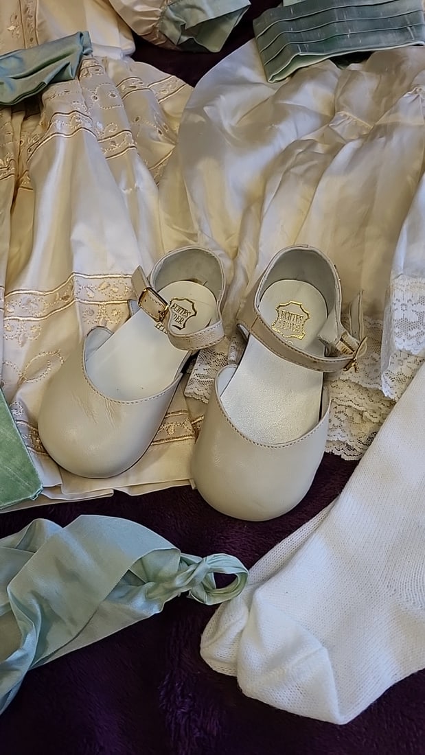 Gunzel Girls Ivory Mint Embroidered Dress Set With Bloomers, Tights Leather Mary Janes - 4