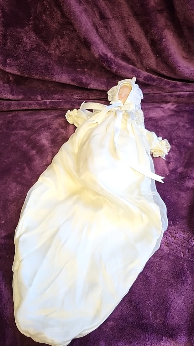 Porcelain Baby Doll In Ivory Christening Gown With Lace Bonnet And Satin Ribbons - 2