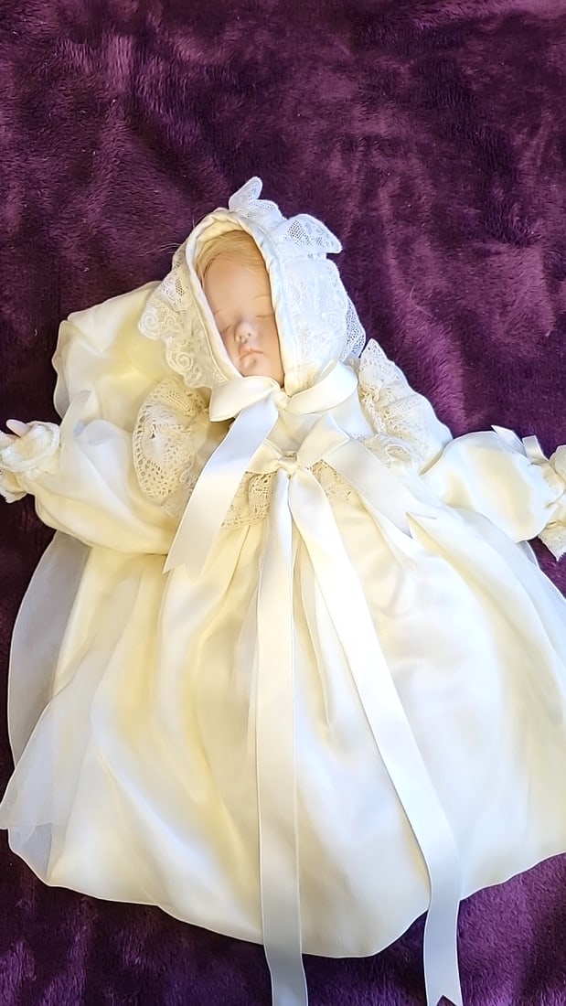 Porcelain Baby Doll In Ivory Christening Gown With Lace Bonnet And Satin Ribbons - 3