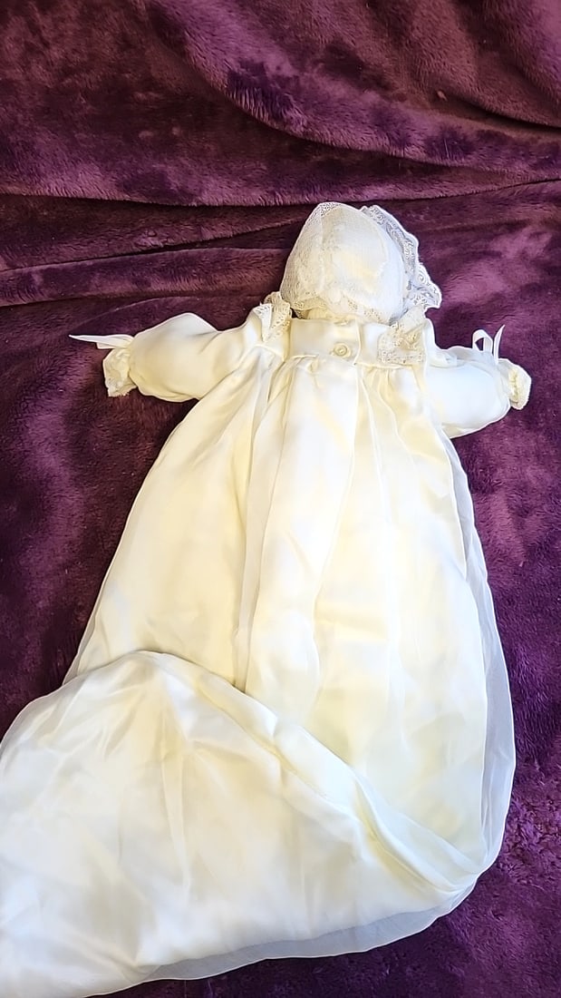 Porcelain Baby Doll In Ivory Christening Gown With Lace Bonnet And Satin Ribbons - 4