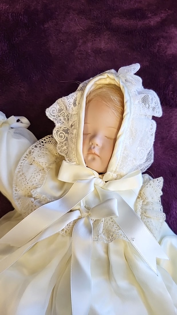 Porcelain Baby Doll In Ivory Christening Gown With Lace Bonnet And Satin Ribbons - 5